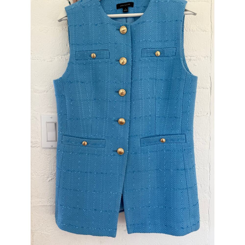 Ann Taylor Sky Blue Tweed Vest Skirt Set Gold Button Preppy Coastal 8 10 - Picture 4 of 12